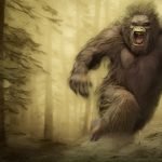 A bigfoot with a huge powerful body crashes through a forest.