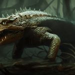 The Buru is a large crocodile-like creature, seen here in a swamp with its large mouth open revealing some rather terrifying teeth.