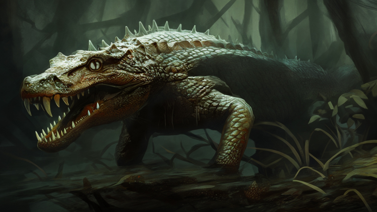 The Buru is a large crocodile-like creature, seen here in a swamp with its large mouth open revealing some rather terrifying teeth.