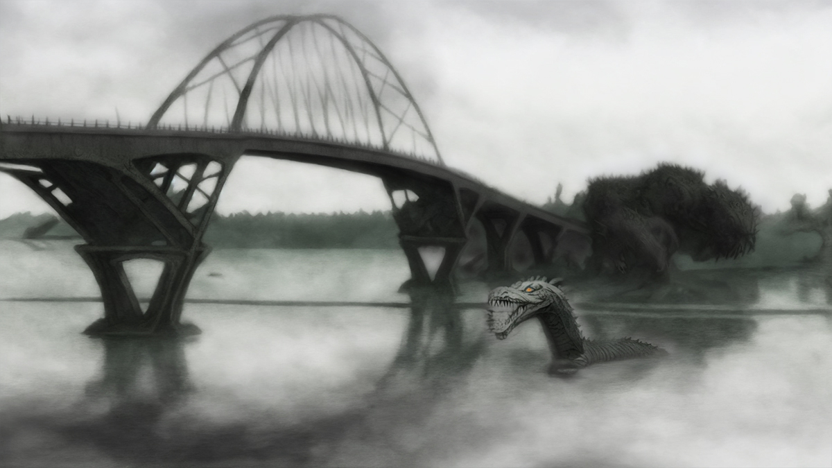 Champy seen in the water below a bridge. A serpentine like monster with grey skin.