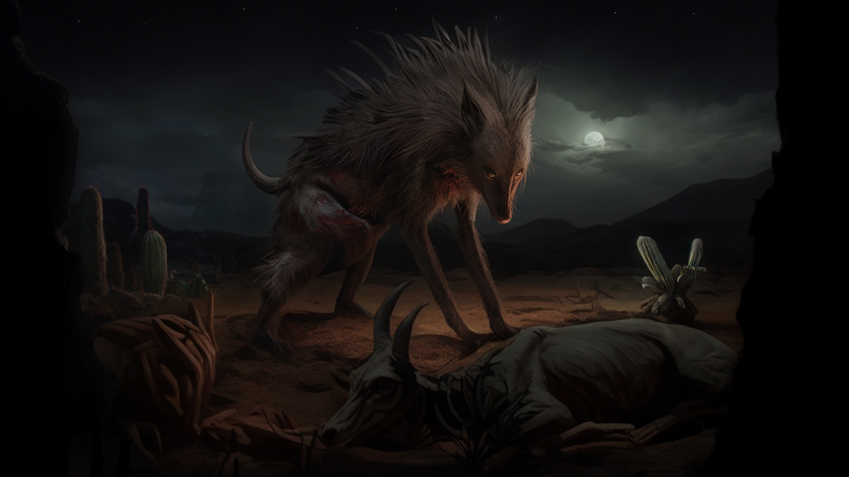 A chupacabra seen as a dog-like creature stalking on a moonlit night.