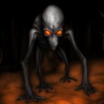 The Dover Demon seen as an almost alien-like humanoid walking on four limbs with glowing red eyes, pictured in a dark forest at night.