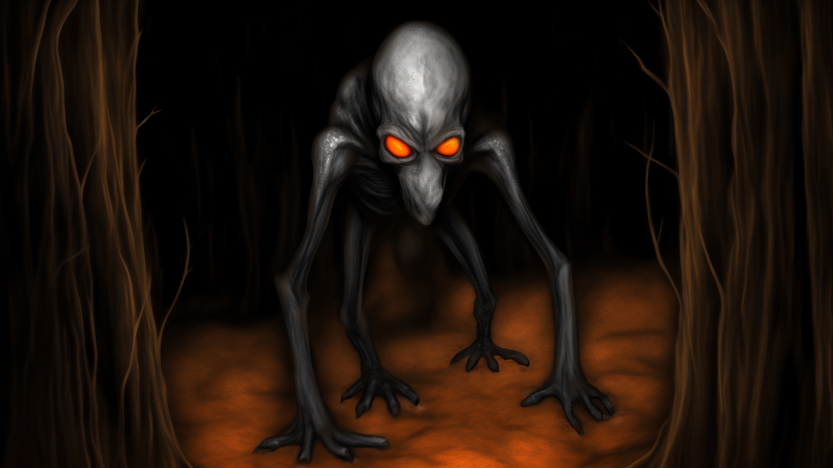 The Dover Demon seen as an almost alien-like humanoid walking on four limbs with glowing red eyes, pictured in a dark forest at night.