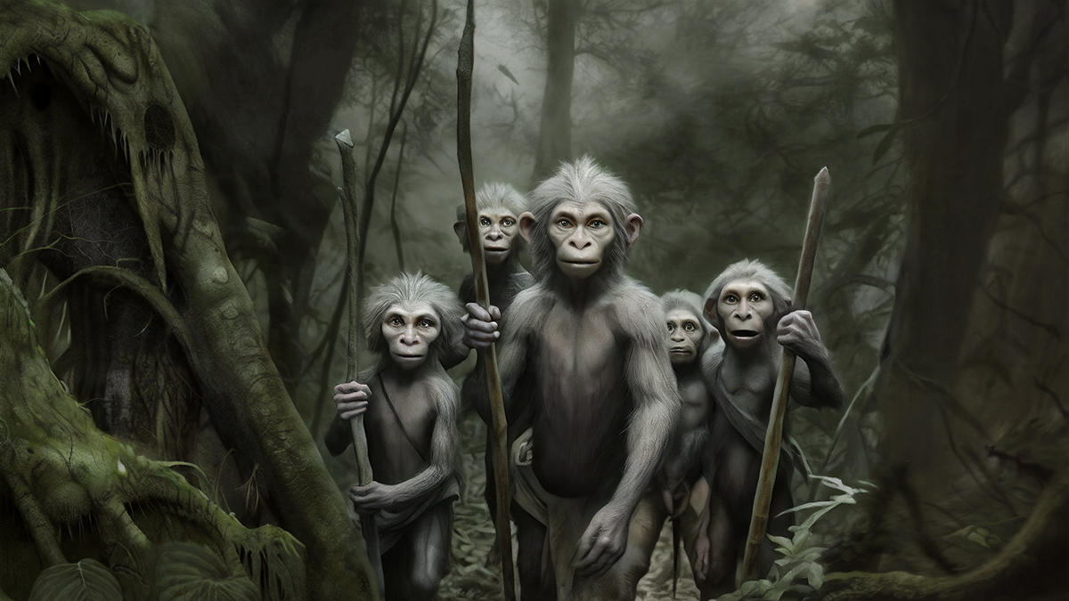 A group of Ebu Gogo in a forest clearing.