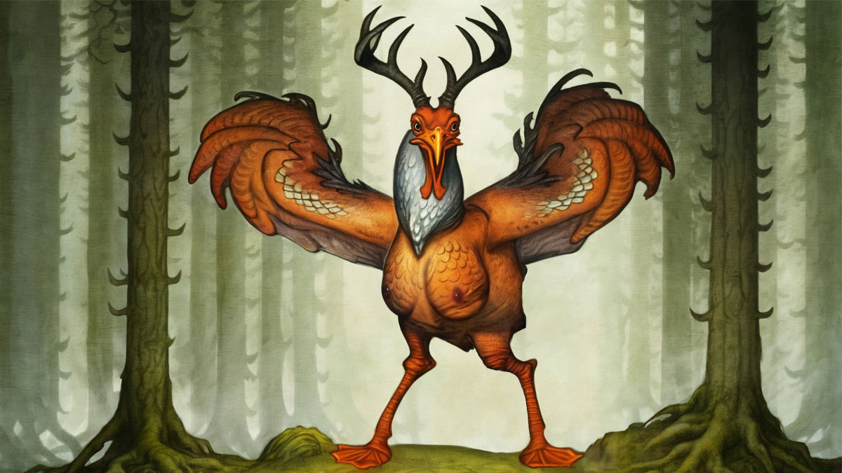 Elwetritsch standing with feathers and arms up in a forest.