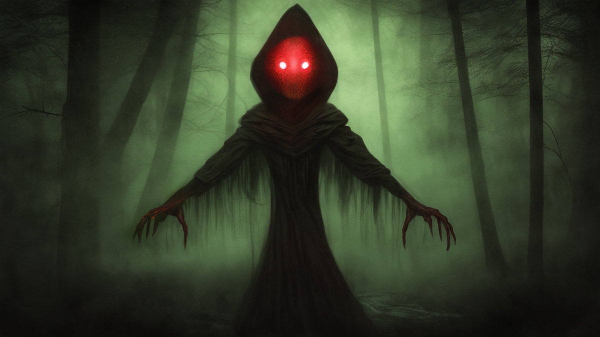 The Flatwoods Monster with red eyes glowing in sillouette against a dark forest with green light.