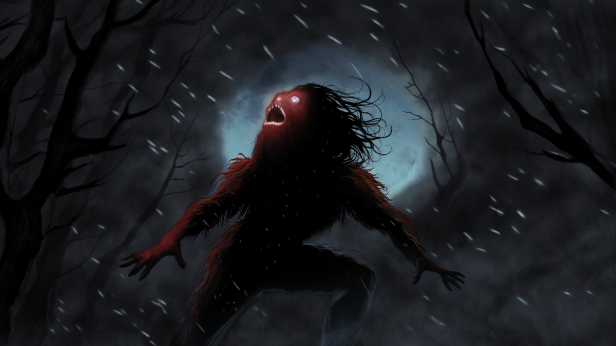 The Fouke Monster seen as a reddish humanoid in a forest