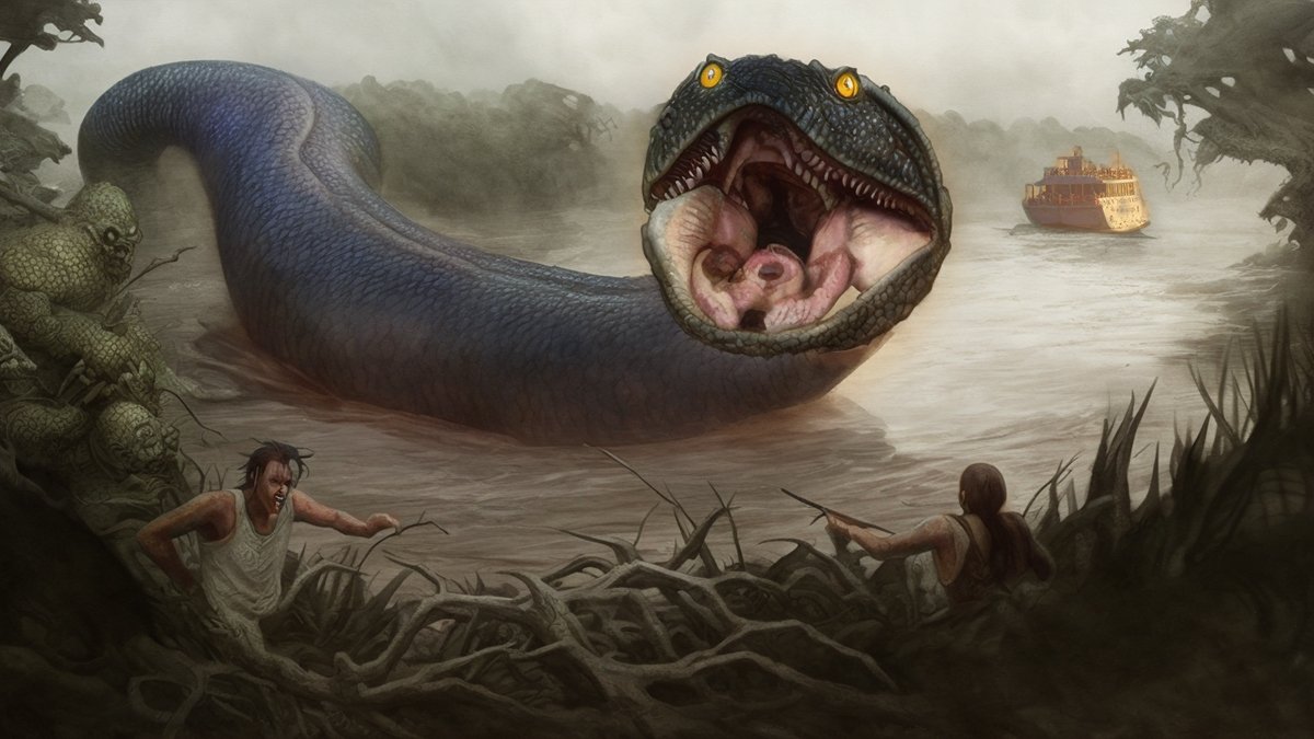 A giant anaconda with its mouth open slithers through the jungle