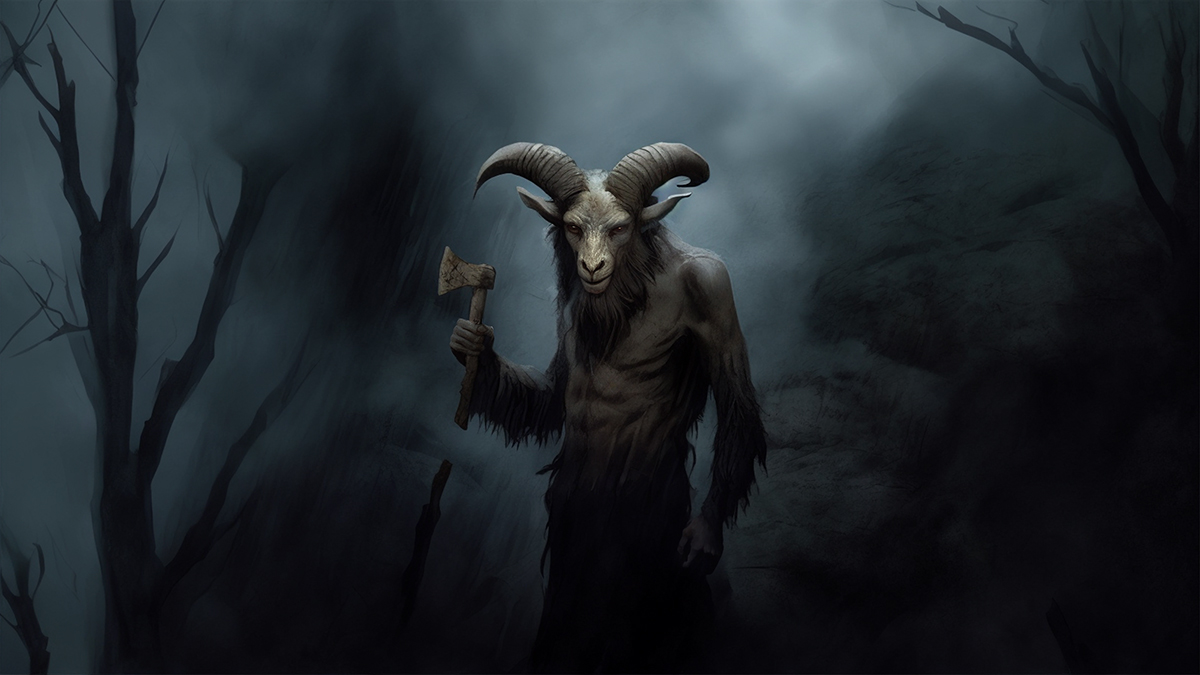 A Goatman seen with a human body but a large goat's head. In a misty forest at night.