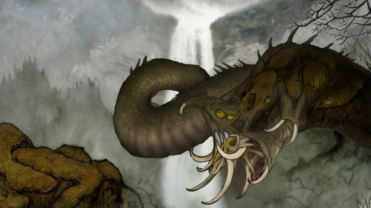 a serpent-shaped Grootslang opens its mouth in a scene with a waterfall in the background