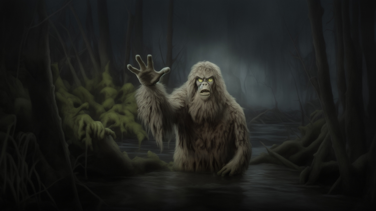 The Honey Island Swamp Monster seen here as an apelike humanoid emerging from a dark swamp