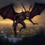 The Jersey Devil seen here with bat-like wings, cloven feet and a ghastly red mouth.