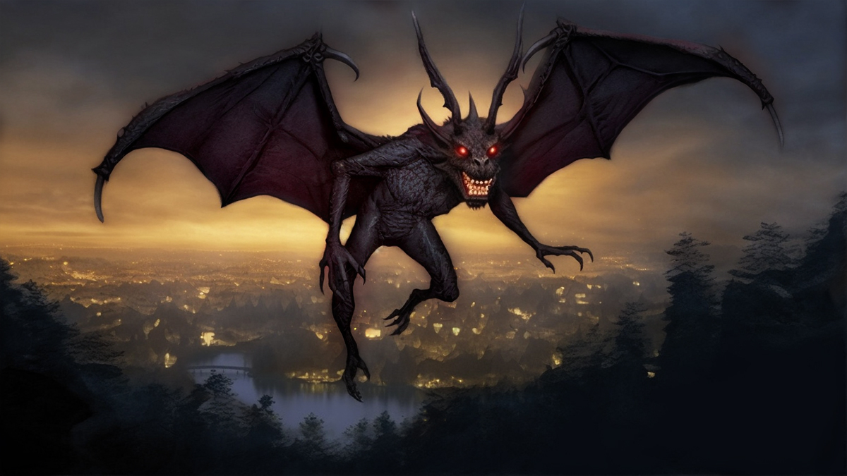 The Jersey Devil seen here with bat-like wings, cloven feet and a ghastly red mouth.
