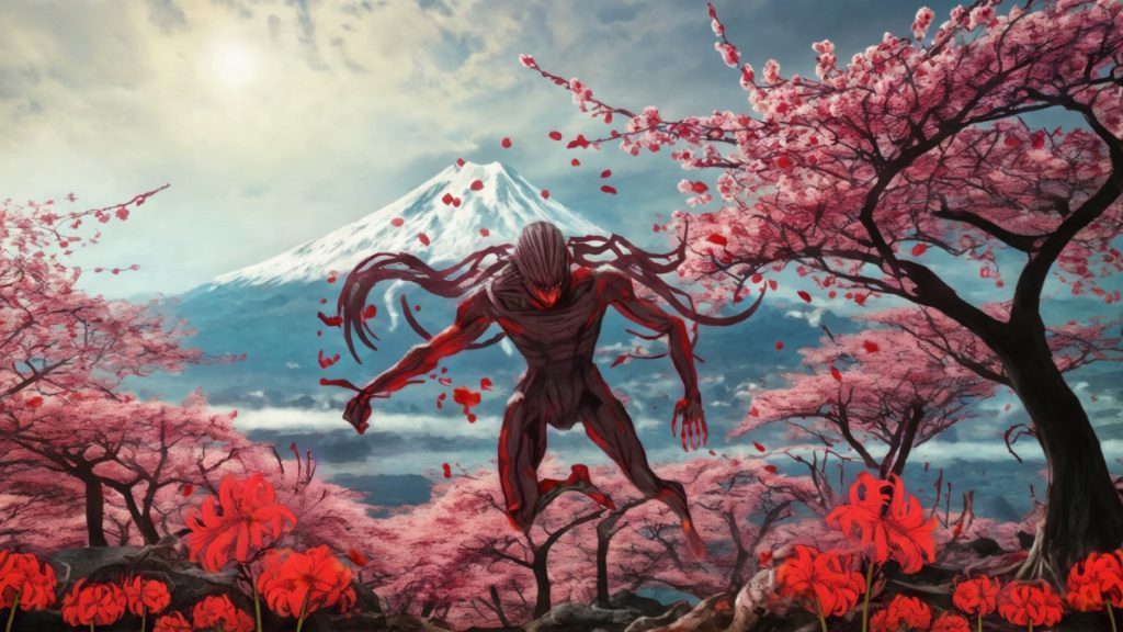 A Kaijin appears as a human with strange skin and appearance against a background of cherry blossom and mountains