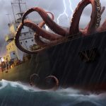 A kraken with huge red tentacles attacked the bow of a fishing boat.