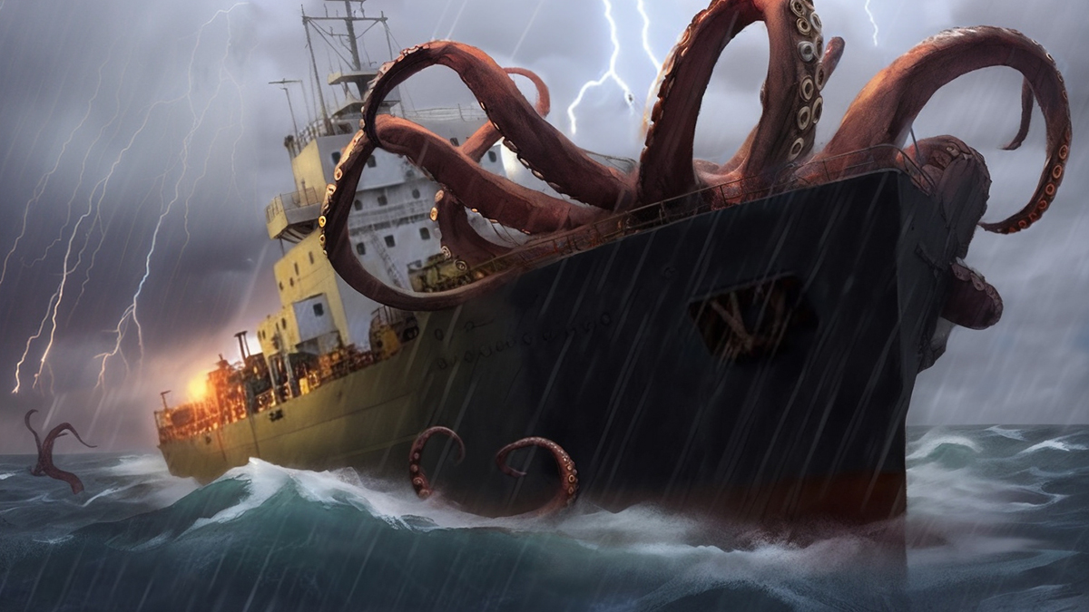 A kraken with huge red tentacles attacked the bow of a fishing boat.