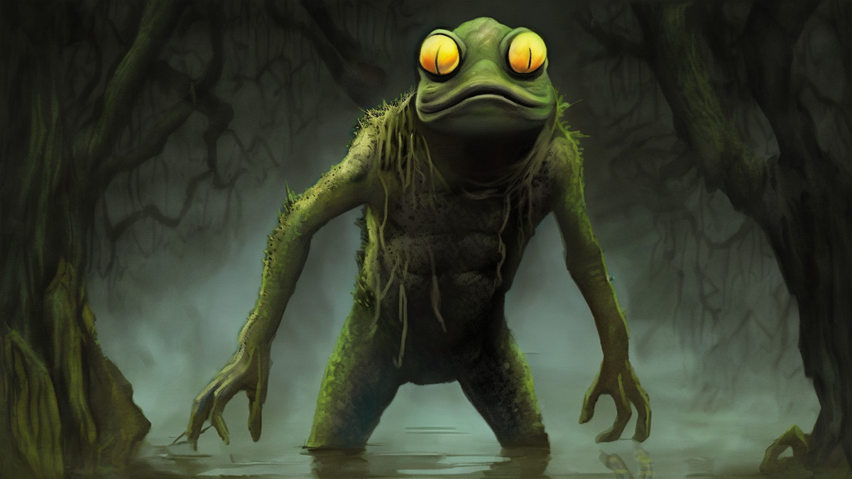 The Loveland Frog seen in a gloomy forest, its a humanoid with frog-like features including bulbous yellow eyes