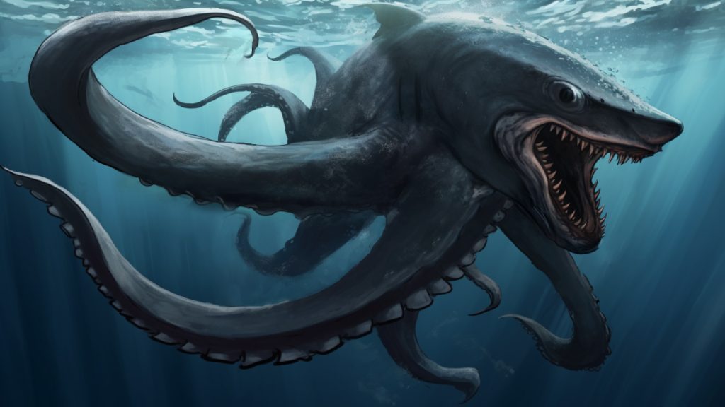 The Lusca seen underwater as a part shark and part octopus