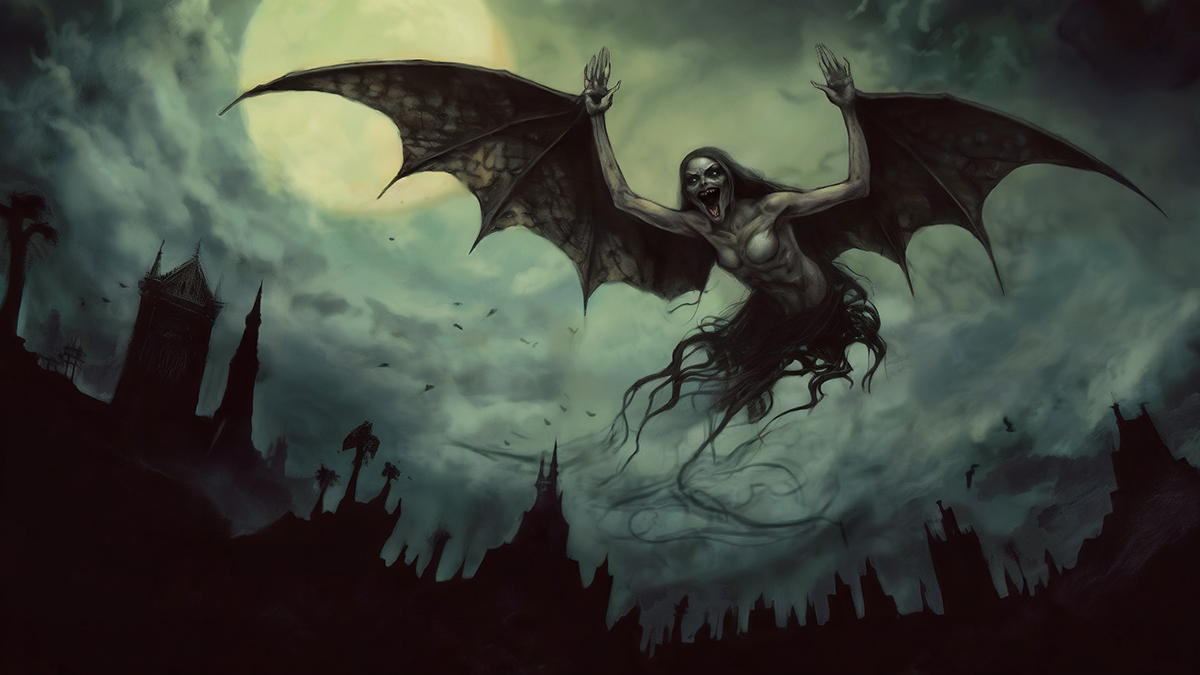 A Manananggal pictured flying with its large wings and humanoid body. Behind the sky is lit by a large moon.