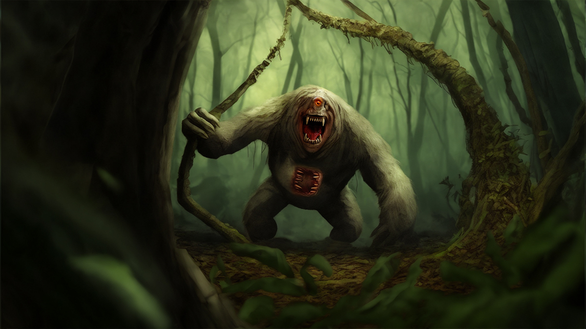 The Mapinguari is seen here in a green-tinged forest. The creature is a large and squat ape-like creature.