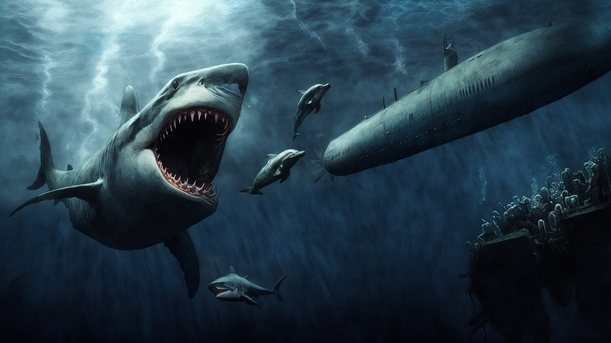 A megalodon seen feeding in the ocean with its huge mouth open.
