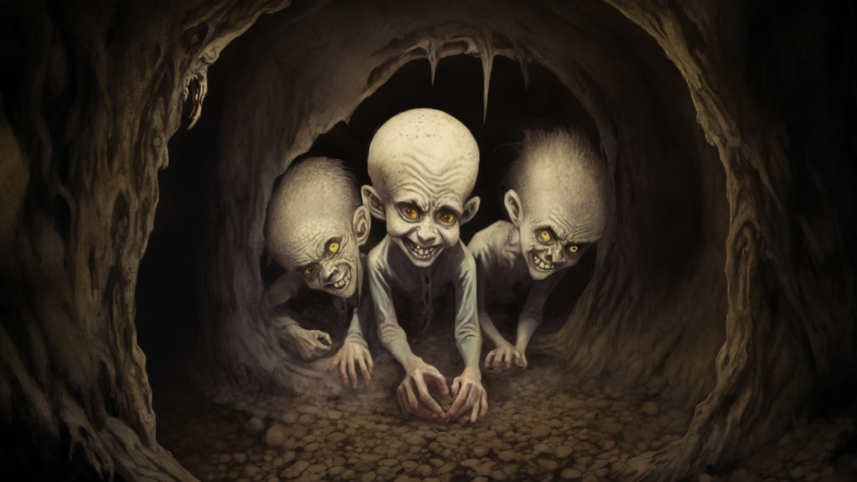 Three Melon Heads pictured in a tunnel, with pale skin and large dome-shaped heads.