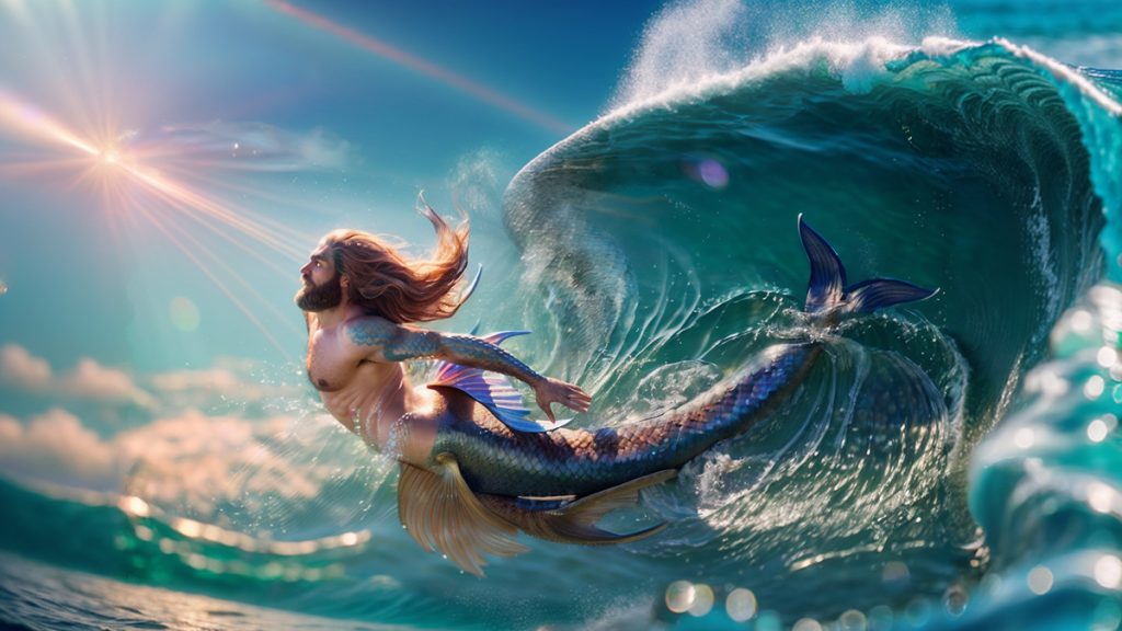 A merman with long hair and a fish tail is seen leaping under a huge wave.