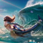 A merman with long hair and a fish tail is seen leaping under a huge wave.