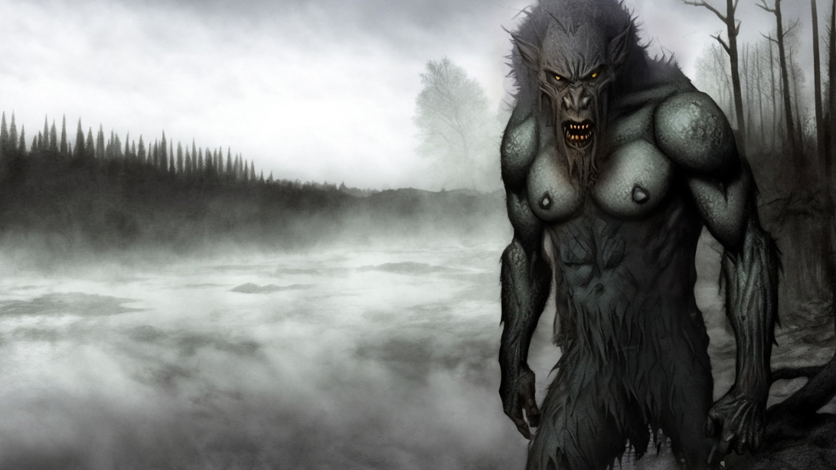The Michigan Dogman seen here with greyish skin and naked torso sanding near a misty lake