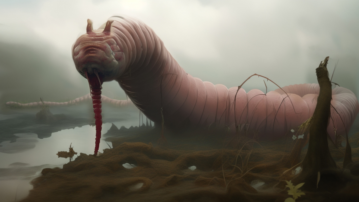 The Minhocão is a worm-like creature and seen here with pale skin as it slithers on a murky riverbank