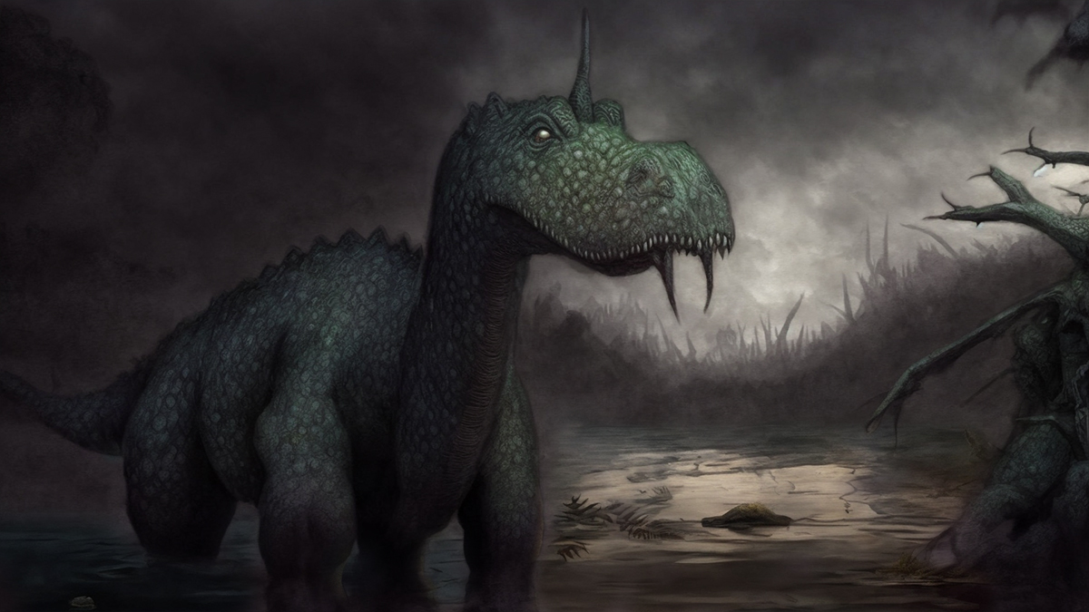 The Mokele-mbembe is a semi-aquatic creature seen here looking a little like a herbivore dinosaur in a swamp.