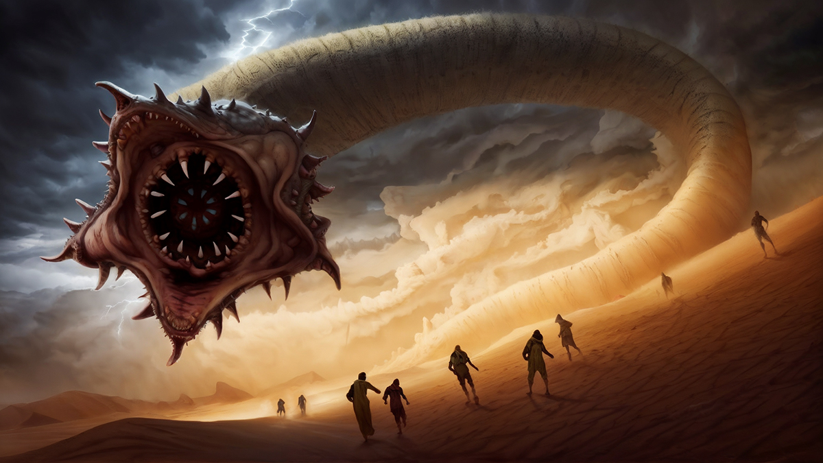 The Mongolian Death Worm seen rearing above its tiny human victims. It has a gaping maw filled with teeth in a giant circle.