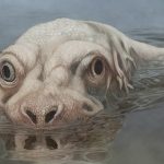The Montauk Monster see here with a pale dinosaur-like head with wide nostrils poking its head just above the waterline.