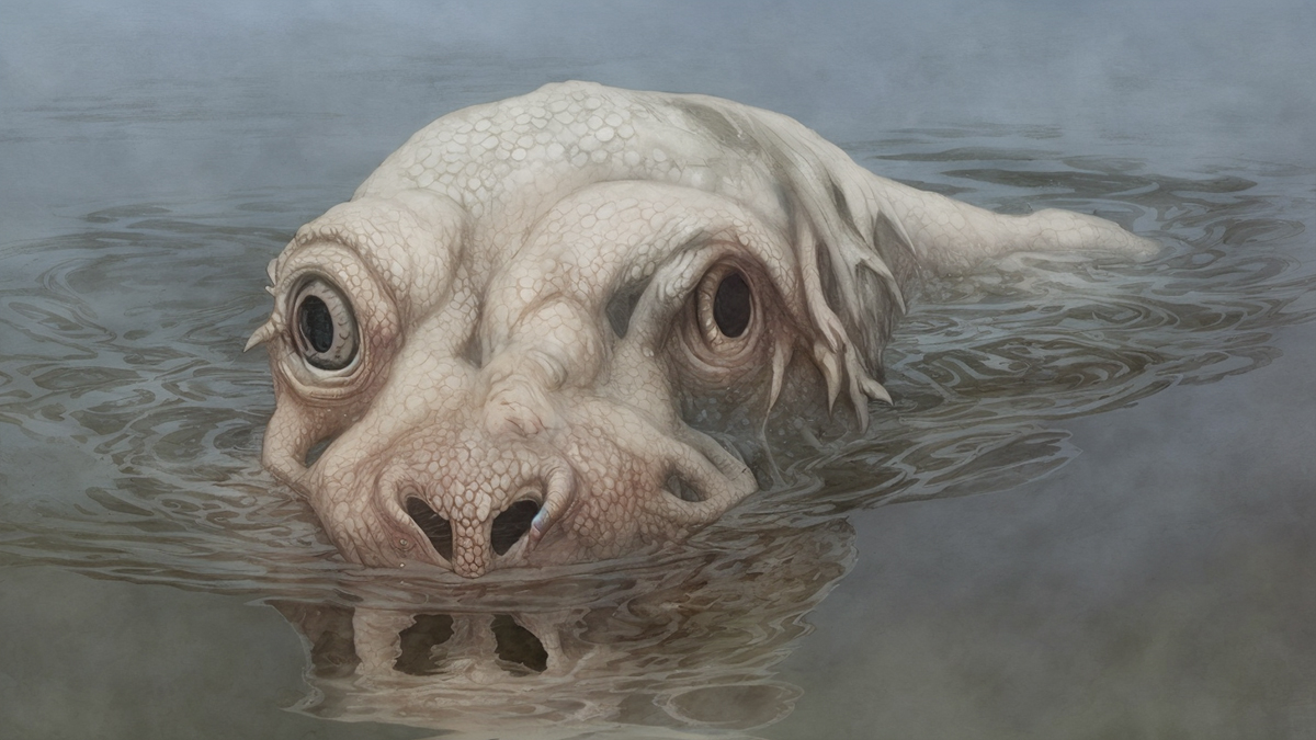 The Montauk Monster see here with a pale dinosaur-like head with wide nostrils poking its head just above the waterline.