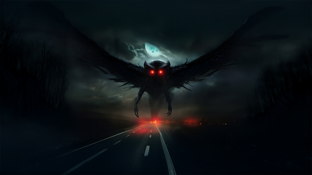The scary mothman with large dark wings and glowing red eyes flying along a highway.