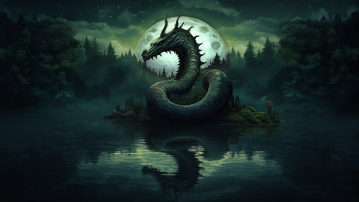 The serpentine Ogopogo seen on the lake under a moody dark sky, its reflection dark on the still water.