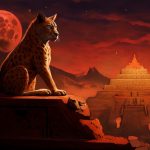The Onza sitting overlooking a mountainous landscape colored by a red sun. It is a large cat.