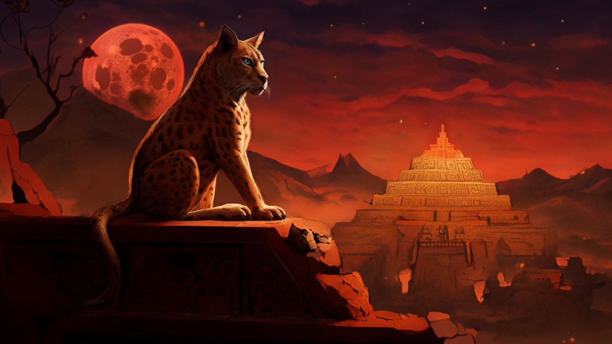 The Onza sitting overlooking a mountainous landscape colored by a red sun. It is a large cat.