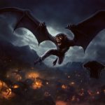 The Orang Bati seen as a large bat-like creature flying against a dark moon-lit sky