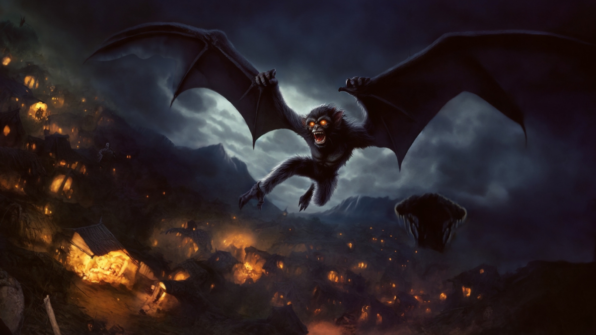 The Orang Bati seen as a large bat-like creature flying against a dark moon-lit sky
