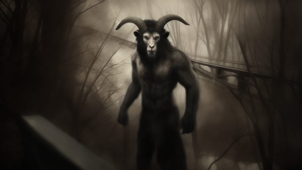 The Pope Lick Monster pictured as a human with a goat-like head in a dark forest