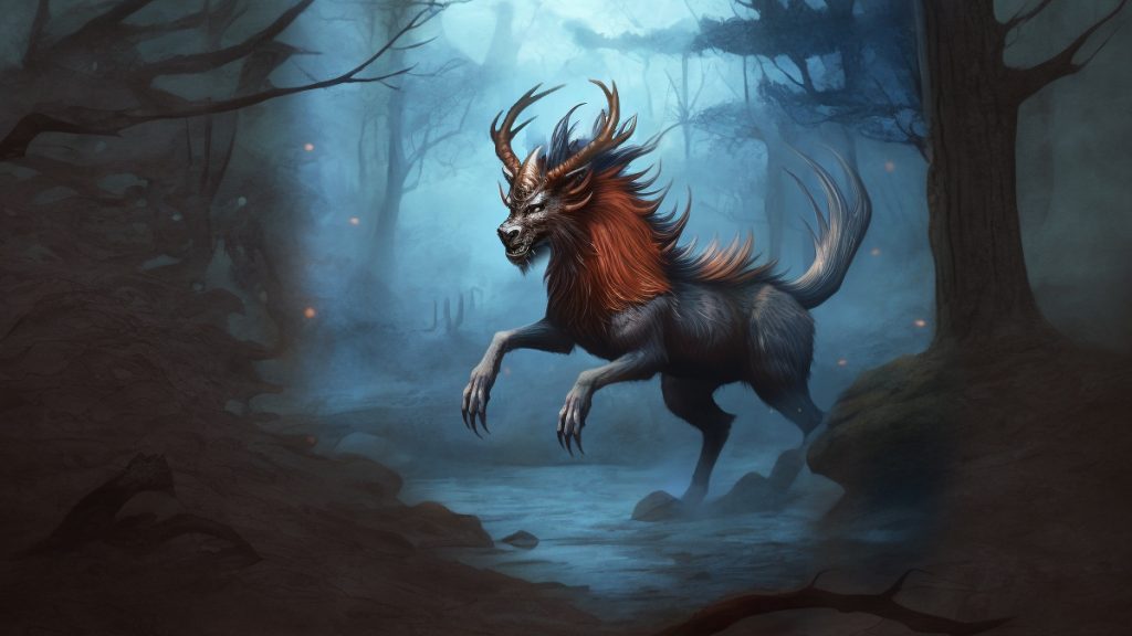 A Qilin galloping through the forest with its red mane and two horns.