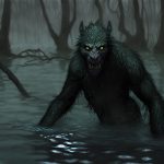 A rougarou waist deep in a swamp. It has he body of a hairy man and the head of a wolf.