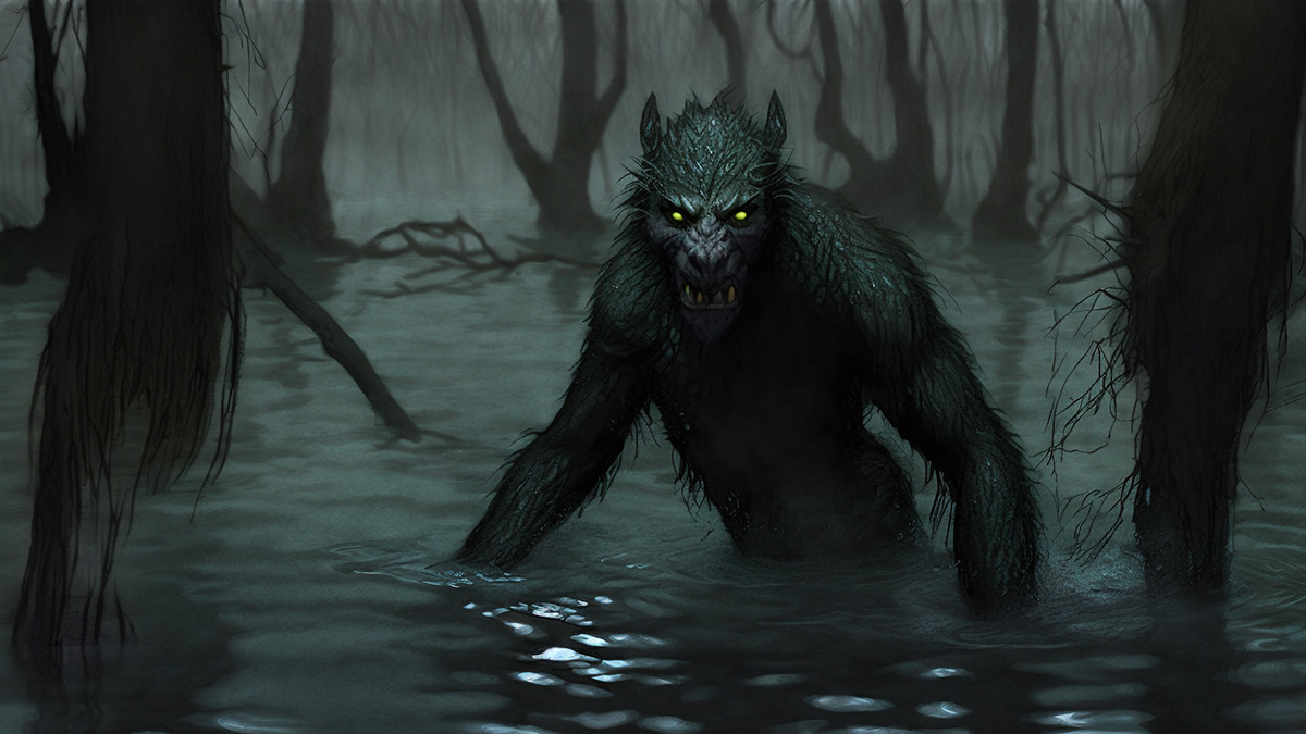 A rougarou waist deep in a swamp. It has he body of a hairy man and the head of a wolf.