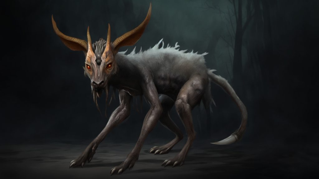 The Sigbin seen here as a vampire-like dog creature with horns.