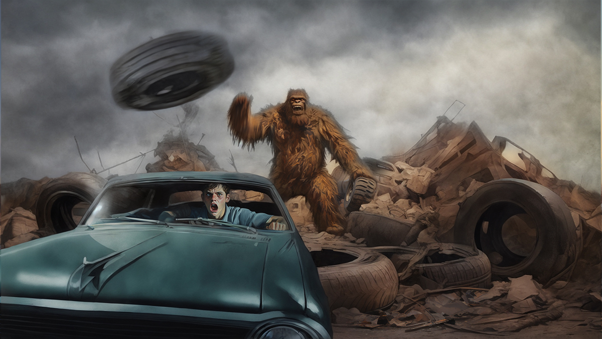 A Skunk Ape seen attacking a car as it flees the large ape-like creature.