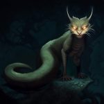 The Tatzelwurm seen in the dark with its worm-like body but the head of a pale cat.