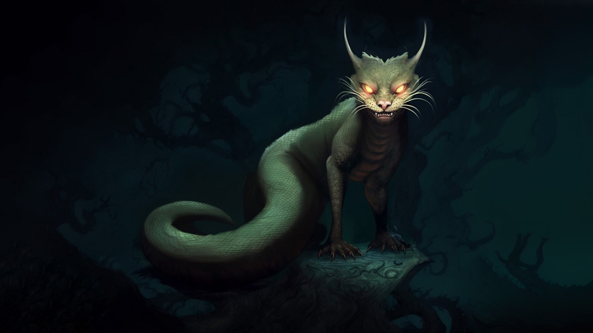 The Tatzelwurm seen in the dark with its worm-like body but the head of a pale cat.