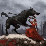 The Beast of Gévaudan a large werewolf-like creature seen here fighting a woman in a red dress who is attempting to spear it