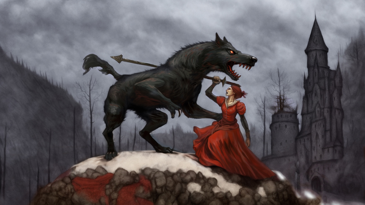 The Beast of Gévaudan a large werewolf-like creature seen here fighting a woman in a red dress who is attempting to spear it